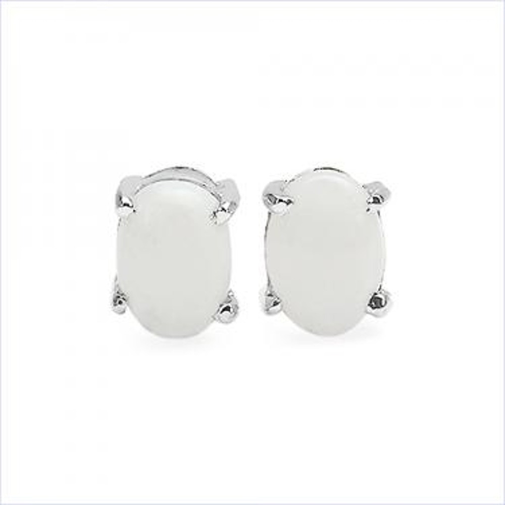 Womens White Gold Rhodium Over Solid Sterling Silver Oval White Opal Studs